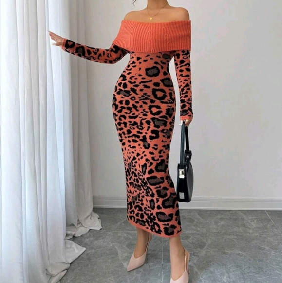 Women's Autumn/Winter Fashion Off Shoulder Leopard Print Bodycon Knit Dress - Picture 1 of 4